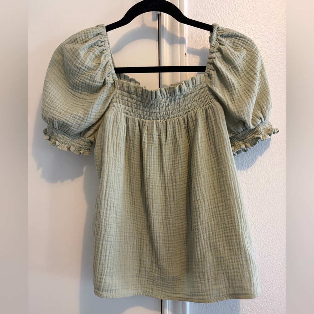 J. Crew Sage Green Peasant Top Puff Sleeve XS - Picture 2 of 4